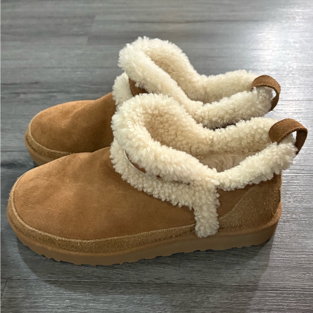 UGG Chestnut Brown Suede Ankle Booties with Cream Shearling